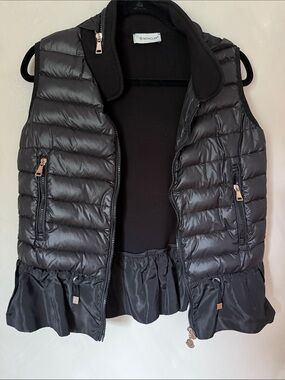 Moncler Black Quilted Down Vest with Ruffle Hem